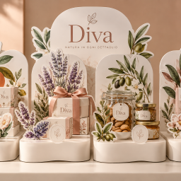 Espositore da banco personalizzato Diva con prodotti e decorazioni botaniche