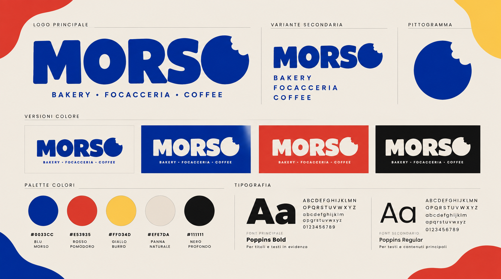 Brand Board MORSO con logo, varianti, palette colori e font coordinati