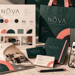 Esempio di identità visiva completa NŌVA con logo, palette, pattern e applicazioni coordinate