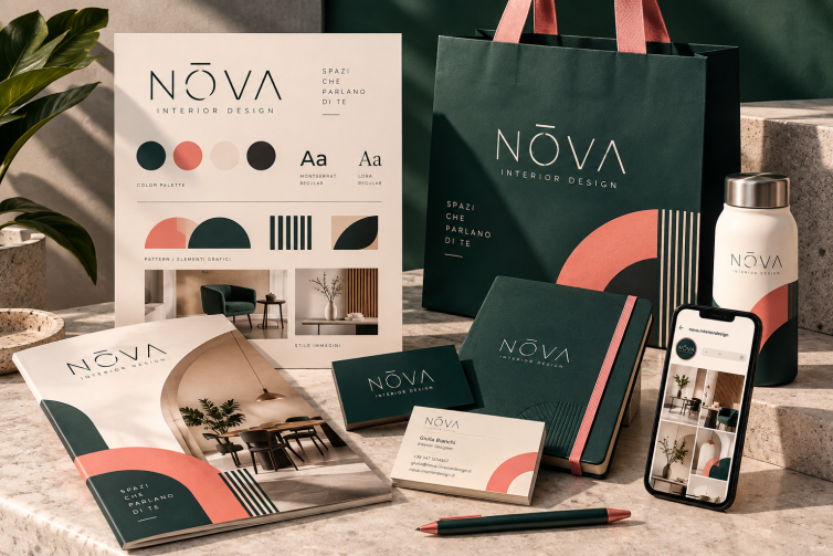 Esempio di identità visiva completa NŌVA con logo, palette, pattern e applicazioni coordinate