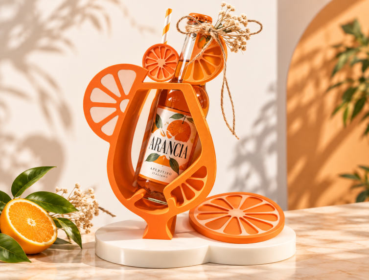 Display creativo personalizzato Arancia per bottiglia di aperitivo