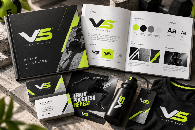 Brand Guidelines V5 con logo, palette, tipografia, elementi grafici e applicazioni coordinate