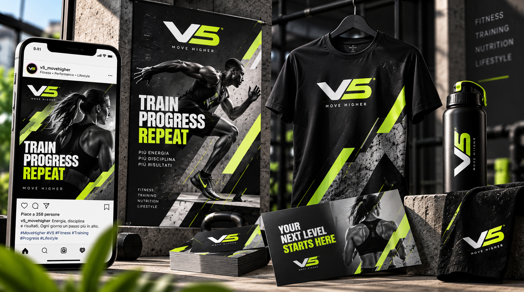 Brand Identity V5 applicata a social, materiale promozionale, abbigliamento e gadget