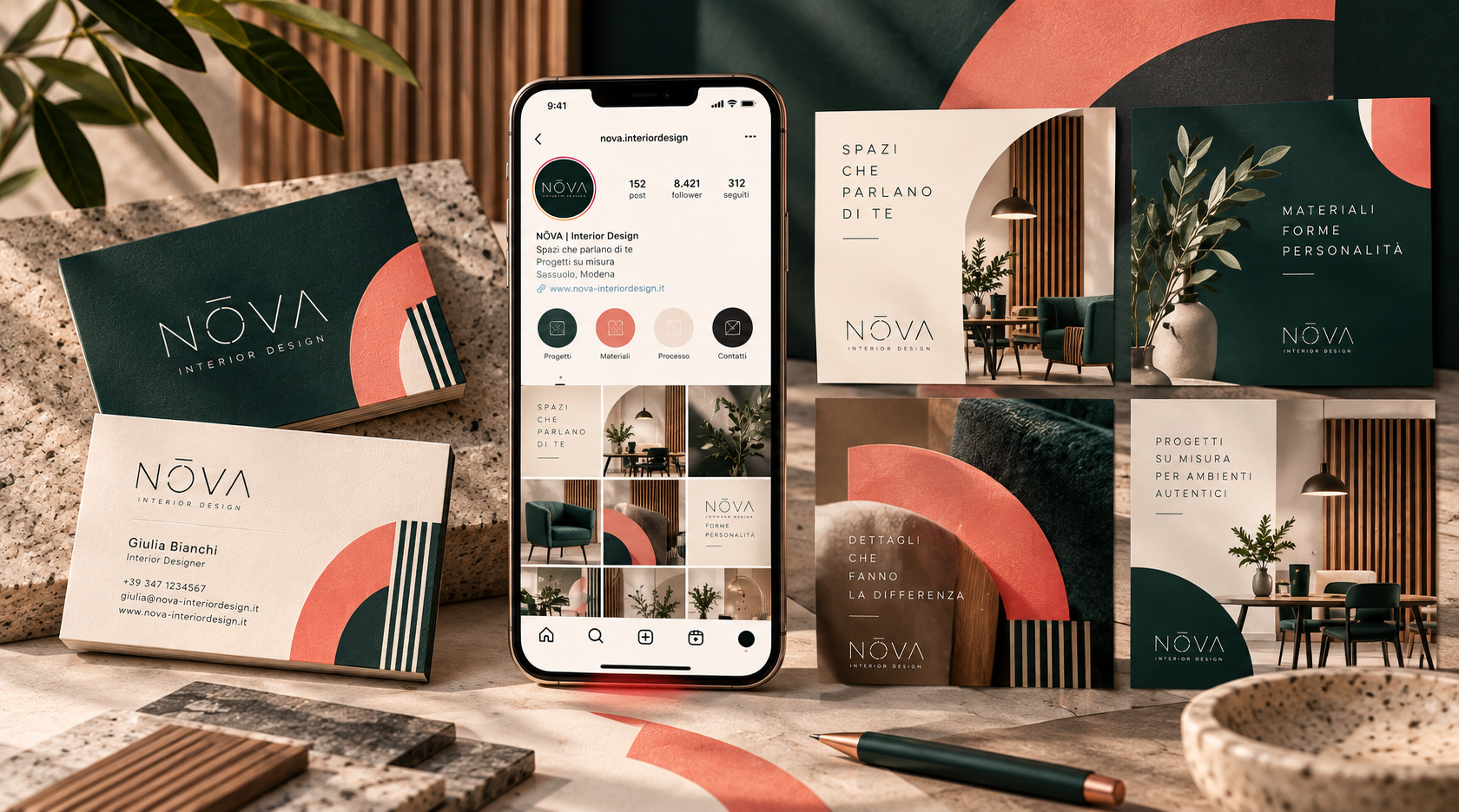 Identità visiva NŌVA applicata a biglietti da visita e grafiche social coordinate