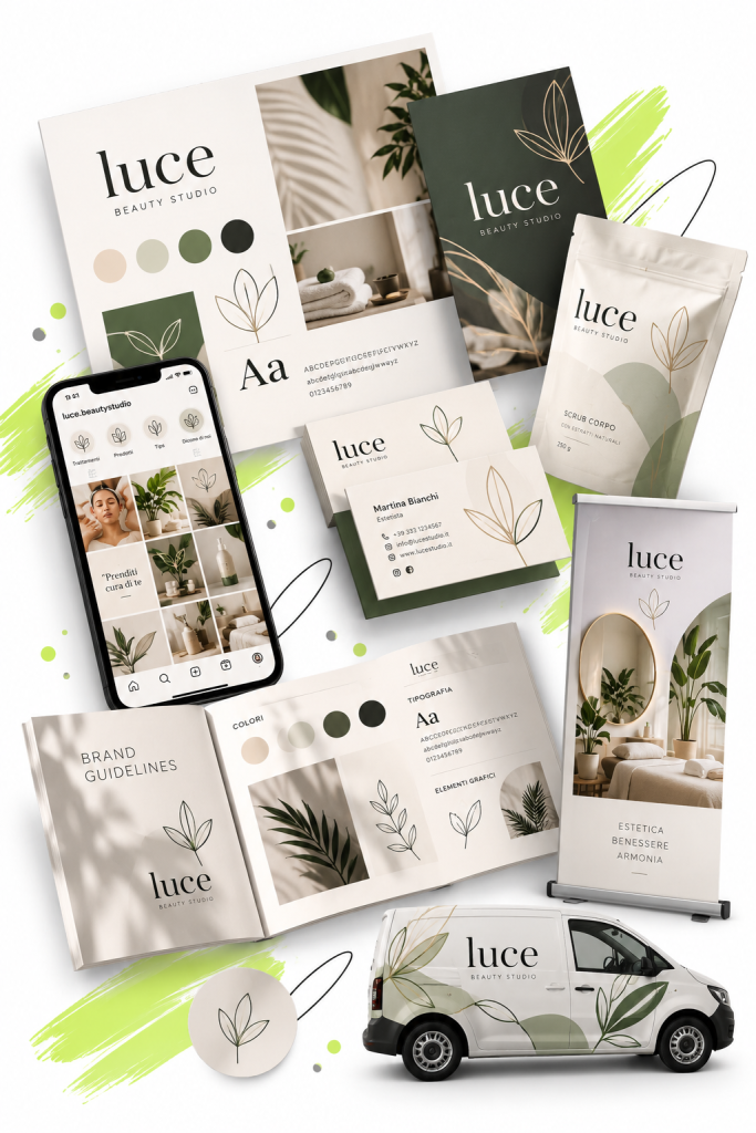 Esempio di Brand Identity coordinata con logo, palette colori, packaging, materiali aziendali e applicazioni grafiche
