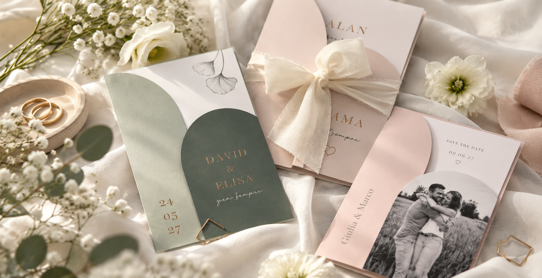 Partecipazioni e coordinati grafici personalizzati per matrimonio
