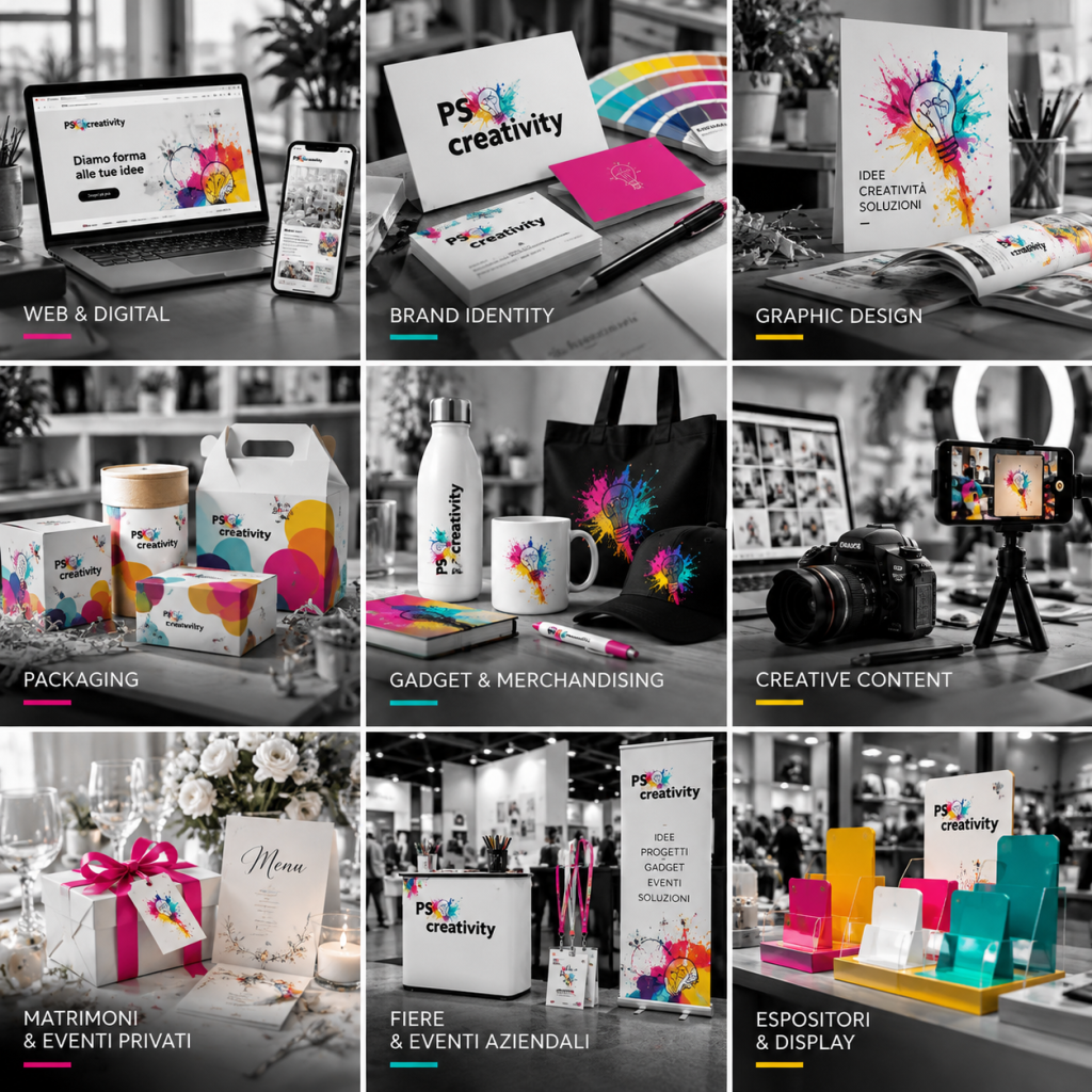 Collage dei nove servizi PS Creativity: siti web, branding, grafica, packaging, gadget, contenuti creativi, matrimoni, fiere ed espositori.